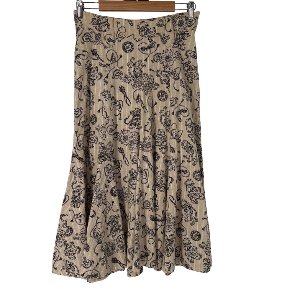 VTG Desert West Sherry Holt Western Toile Linen Blend Midi Skirt M Rodeo Cowgirl